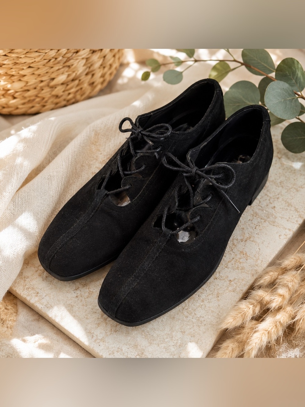Drew Nicole Black Suede Comfort Lace-Up Square Toe Shoes 12S